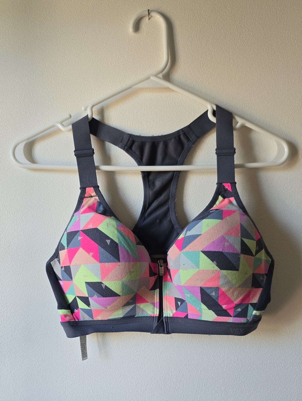 Victoria's Secret Neon Geo Front-Zip Sports Bra - Pink, Green, Gray